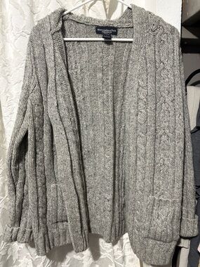 Abercrombie & Fitch Cable Knit Cardigan Sweater Size L Merino Wool Gray Hooded